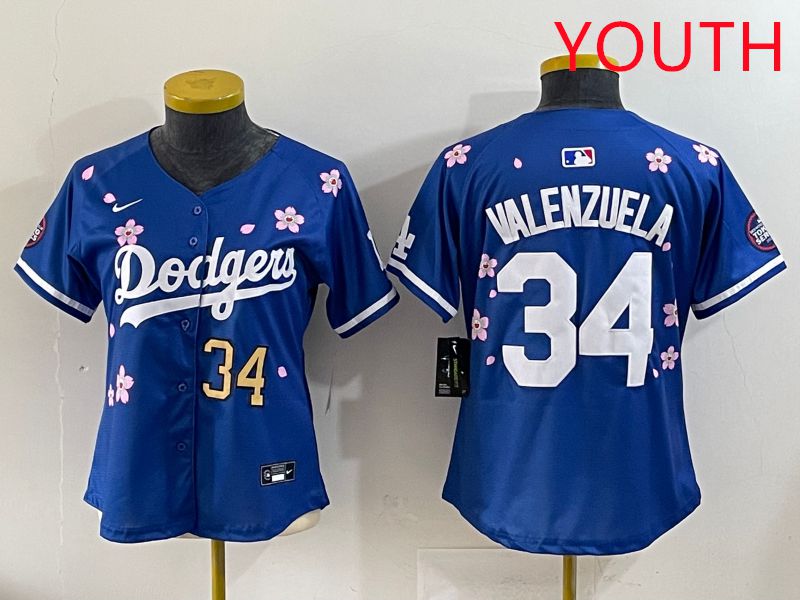 Youth Los Angeles Dodgers 34 Valenzuela Blue Sakura Edition 2025 Nike MLB Jersey style 32